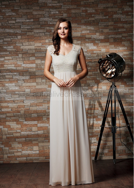 Champagne Lace Chiffon Sheer Back Bridesmaid Dress